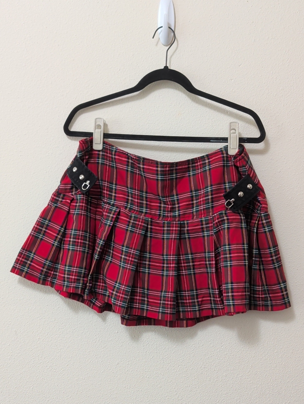 Tripp NYC Red Plaid Pleated Mini Skirt with Buckle Tabs